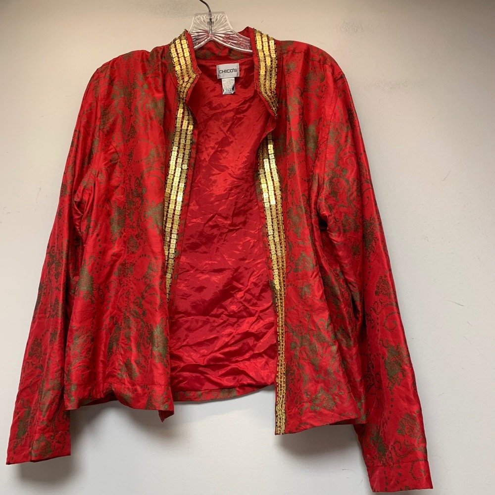 Chico's Silk Jacket Women Size 3 Red Gold Sequin Damask Open Front L/XL 12913